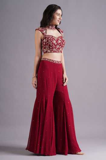 Maisolos_Red Georgette Embroidery, Sequins Collared Gul Blouse And Sharara Set _Online_at_Aza_Fashions
