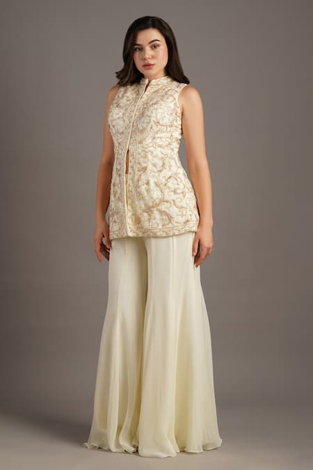 Maisolos_Ivory Net, Georgette Embroidery Mandarin Collar Bahar Jacket And Sharara Set _Online_at_Aza_Fashions