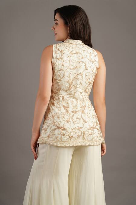 Maisolos_Ivory Net, Georgette Embroidery Mandarin Collar Bahar Jacket And Sharara Set _at_Aza_Fashions