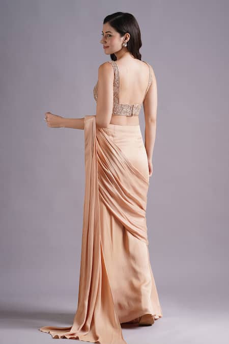 Maisolos Brown Flora Embroidered Pre-Draped Saree Set 