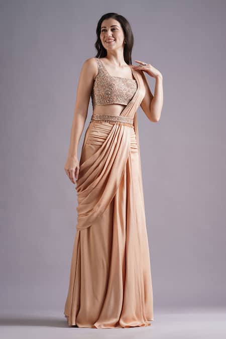 Maisolos_Brown Net, Crepe, Satin Embroidery Square Neck Flora Pre-draped Saree Set _Online_at_Aza_Fashions