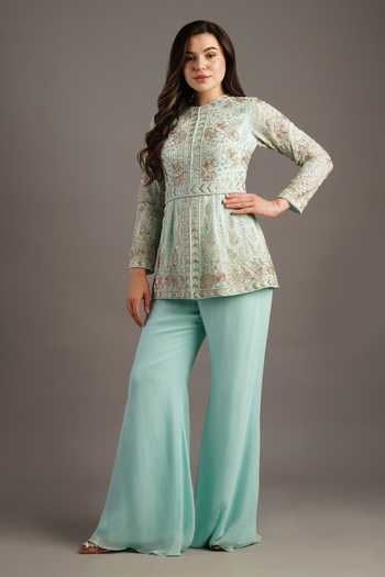 Maisolos_Blue Georgette Embroidery High Neck Gullista Jacket Sharara Set _Online_at_Aza_Fashions