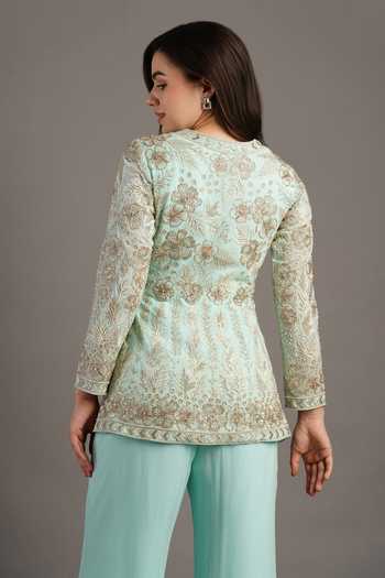Buy_Maisolos_Blue Georgette Embroidery High Neck Gullista Jacket Sharara Set _Online_at_Aza_Fashions