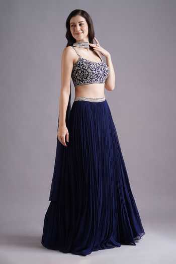 Maisolos_Blue Georgette Embroidery Scoop Neck Bloom Pleated Lehenga Set _Online_at_Aza_Fashions