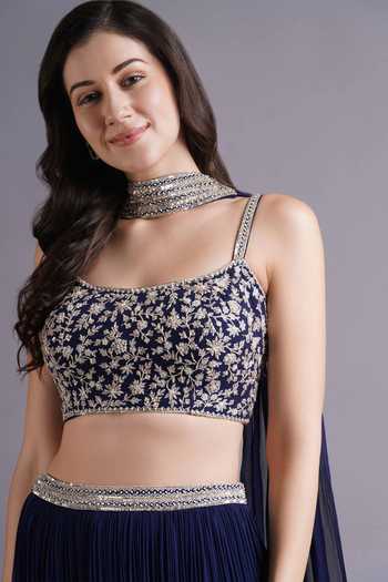 Buy_Maisolos_Blue Georgette Embroidery Scoop Neck Bloom Pleated Lehenga Set _Online_at_Aza_Fashions