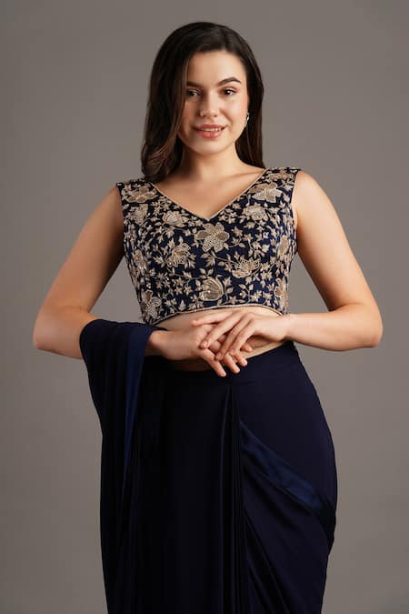 Buy_Maisolos_Blue Georgette, Modal, Satin Embroidery V-neck Floral Pre-draped Saree Set _Online_at_Aza_Fashions