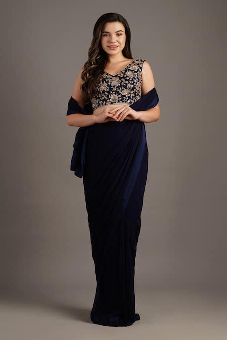 Shop_Maisolos_Blue Georgette, Modal, Satin Embroidery V-neck Floral Pre-draped Saree Set _Online_at_Aza_Fashions