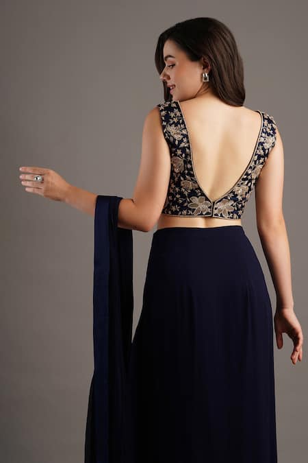 Maisolos_Blue Georgette, Modal, Satin Embroidery V-neck Floral Pre-draped Saree Set _at_Aza_Fashions