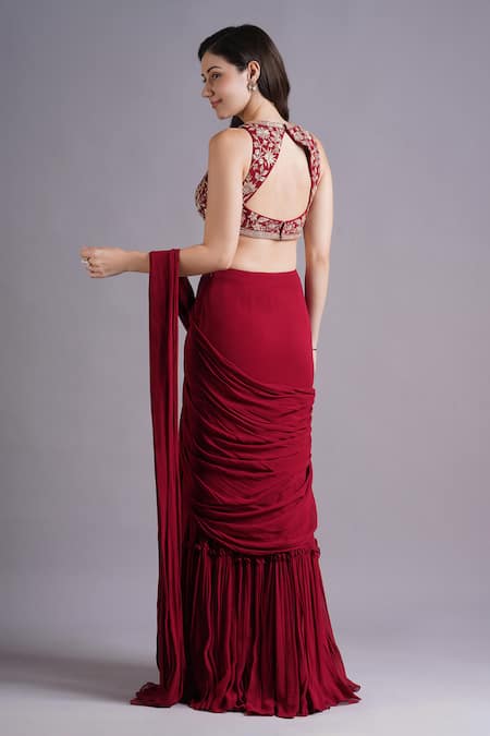 Shop Maisolos Red Georgette Embroidery Halter Neck Frilly Tiered Pre-draped Saree Set at Aza Fashions Shop_Maisolos_Red Georgette Embroidery Halter Neck Frilly Tiered Pre-draped Saree Set _at_Aza_Fashions