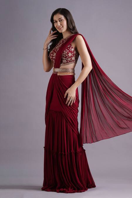 Maisolos Red Georgette Embroidery Halter Neck Frilly Tiered Pre-draped Saree Set Online at Aza Fashions Maisolos_Red Georgette Embroidery Halter Neck Frilly Tiered Pre-draped Saree Set _Online_at_Aza_Fashions
