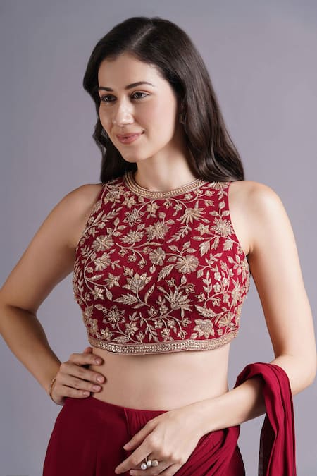 Buy Maisolos Red Georgette Embroidery Halter Neck Frilly Tiered Pre-draped Saree Set Online at Aza Fashions Buy_Maisolos_Red Georgette Embroidery Halter Neck Frilly Tiered Pre-draped Saree Set _Online_at_Aza_Fashions
