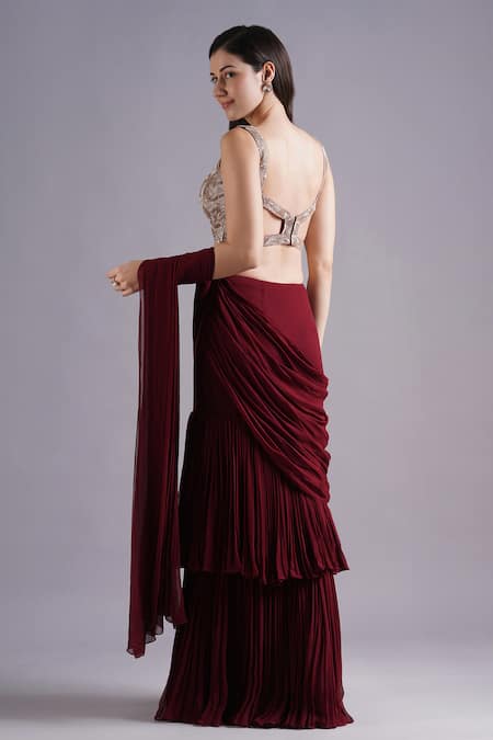 Maisolos Maroon Gathered Frilly Pre-Draped Saree Set 