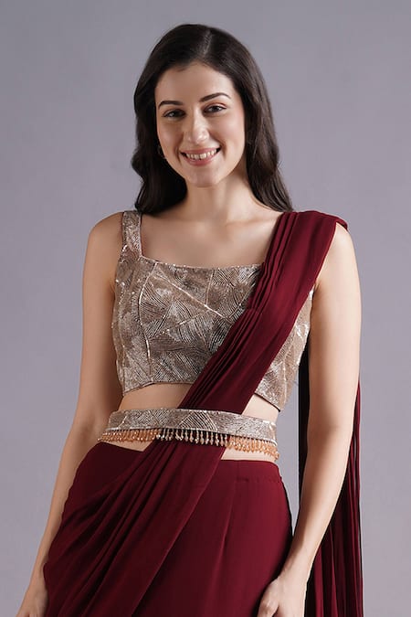Maisolos Maroon Net, Georgette Embroidery Square Gathered Frilly Pre-draped Saree Set Online at Aza Fashions Maisolos_Maroon Net, Georgette Embroidery Square Gathered Frilly Pre-draped Saree Set _Online_at_Aza_Fashions