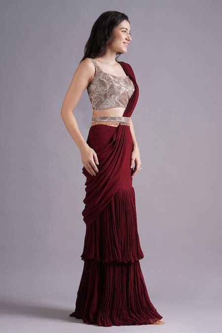 Buy Maisolos Maroon Net, Georgette Embroidery Square Gathered Frilly Pre-draped Saree Set Online at Aza Fashions Buy_Maisolos_Maroon Net, Georgette Embroidery Square Gathered Frilly Pre-draped Saree Set _Online_at_Aza_Fashions