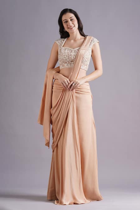 Maisolos Brown Net, Crepe, Satin Embroidery Bloom Pre-draped Saree Set Online at Aza Fashions Maisolos_Brown Net, Crepe, Satin Embroidery Bloom Pre-draped Saree Set _Online_at_Aza_Fashions