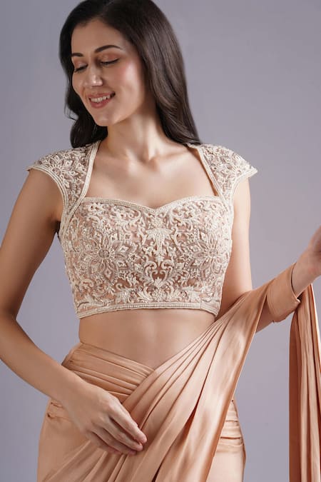 Shop Maisolos Brown Net, Crepe, Satin Embroidery Bloom Pre-draped Saree Set Online at Aza Fashions Shop_Maisolos_Brown Net, Crepe, Satin Embroidery Bloom Pre-draped Saree Set _Online_at_Aza_Fashions