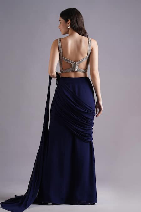 Shop Maisolos Blue Net, Georgette Embroidery, Rhinestones Synodic Wave Pre-draped Saree Set at Aza Fashions Shop_Maisolos_Blue Net, Georgette Embroidery, Rhinestones Synodic Wave Pre-draped Saree Set _at_Aza_Fashions