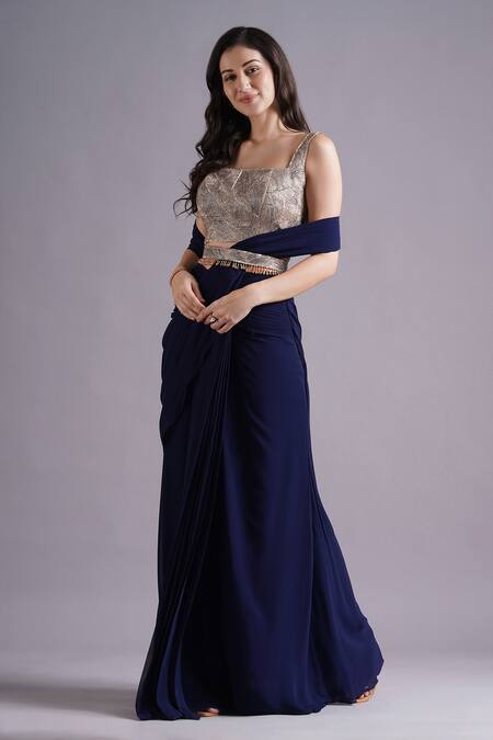 Maisolos Blue Net, Georgette Embroidery, Rhinestones Synodic Wave Pre-draped Saree Set Online at Aza Fashions Maisolos_Blue Net, Georgette Embroidery, Rhinestones Synodic Wave Pre-draped Saree Set _Online_at_Aza_Fashions