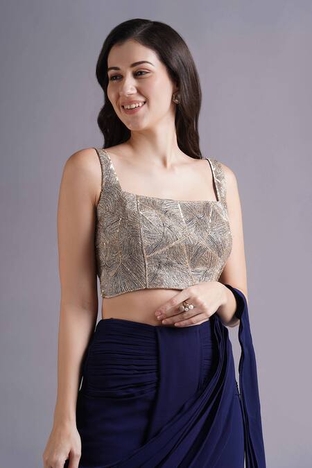 Shop Maisolos Blue Net, Georgette Embroidery, Rhinestones Synodic Wave Pre-draped Saree Set Online at Aza Fashions Shop_Maisolos_Blue Net, Georgette Embroidery, Rhinestones Synodic Wave Pre-draped Saree Set _Online_at_Aza_Fashions