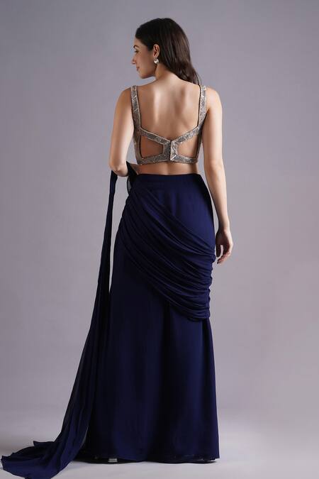 Maisolos Blue Net, Georgette Embroidery, Rhinestones Synodic Wave Pre-draped Saree Set at Aza Fashions Maisolos_Blue Net, Georgette Embroidery, Rhinestones Synodic Wave Pre-draped Saree Set _at_Aza_Fashions