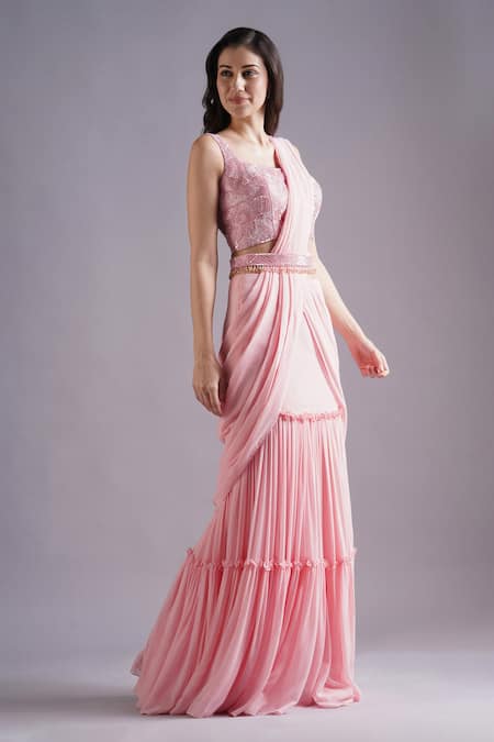 Maisolos_Pink Net, Georgette Sequins, Embroidery Frill Tiered Pre-draped Saree Set _Online_at_Aza_Fashions