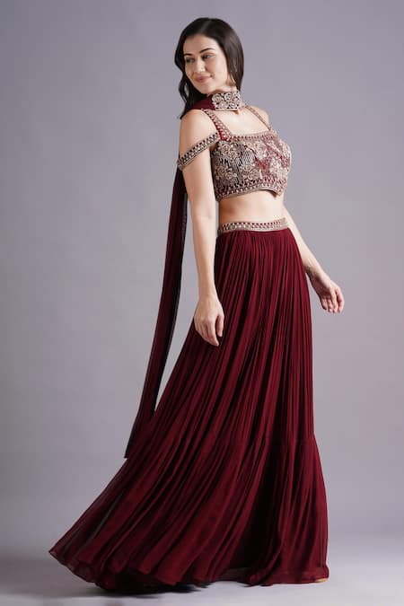 Maisolos_Maroon Net, Georgette Embroidery Square Neck Bloom Blouse And Lehenga Set _Online_at_Aza_Fashions