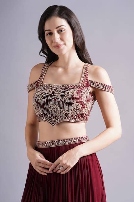 Buy_Maisolos_Maroon Net, Georgette Embroidery Square Neck Bloom Blouse And Lehenga Set _Online_at_Aza_Fashions