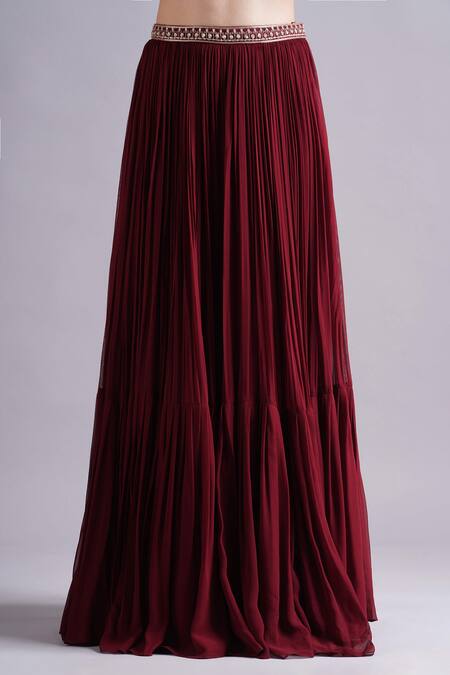 Shop_Maisolos_Maroon Net, Georgette Embroidery Square Neck Bloom Blouse And Lehenga Set _Online_at_Aza_Fashions