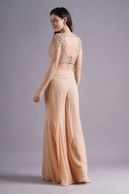 Shop Maisolos Peach Net, Georgette Embroidery Round Neck Floral Blouse And Sharara Set at Aza Fashions Shop_Maisolos_Peach Net, Georgette Embroidery Round Neck Floral Blouse And Sharara Set _at_Aza_Fashions