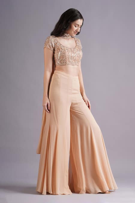 Maisolos Peach Net, Georgette Embroidery Round Neck Floral Blouse And Sharara Set Online at Aza Fashions Maisolos_Peach Net, Georgette Embroidery Round Neck Floral Blouse And Sharara Set _Online_at_Aza_Fashions