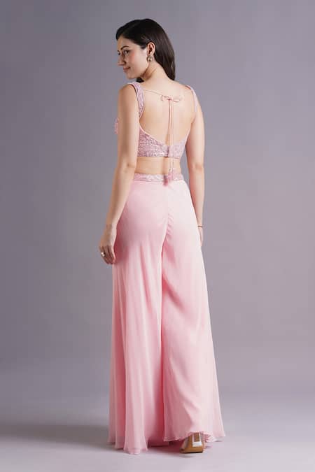 Shop Maisolos Pink Net, Georgette Embroidery Sweetheart Neck Bloom Blouse And Sharara Set at Aza Fashions Shop_Maisolos_Pink Net, Georgette Embroidery Sweetheart Neck Bloom Blouse And Sharara Set _at_Aza_Fashions