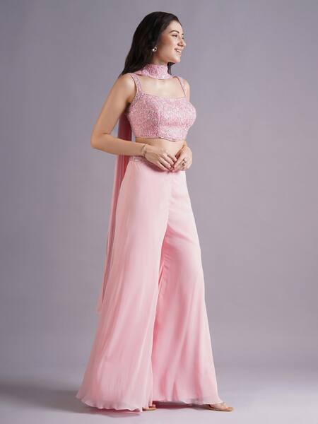 Maisolos Pink Net, Georgette Embroidery Sweetheart Neck Bloom Blouse And Sharara Set Online at Aza Fashions Maisolos_Pink Net, Georgette Embroidery Sweetheart Neck Bloom Blouse And Sharara Set _Online_at_Aza_Fashions