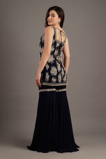 Shop Maisolos Blue Georgette Embroidery Square Neck Rosa Kurti And Sharara Set at Aza Fashions Shop_Maisolos_Blue Georgette Embroidery Square Neck Rosa Kurti And Sharara Set _at_Aza_Fashions