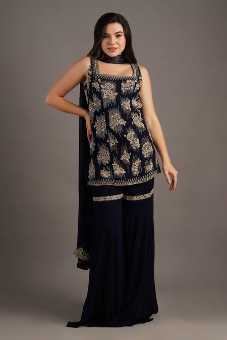 Shop Maisolos Blue Georgette Embroidery Square Neck Rosa Kurti And Sharara Set Online at Aza Fashions Shop_Maisolos_Blue Georgette Embroidery Square Neck Rosa Kurti And Sharara Set _Online_at_Aza_Fashions