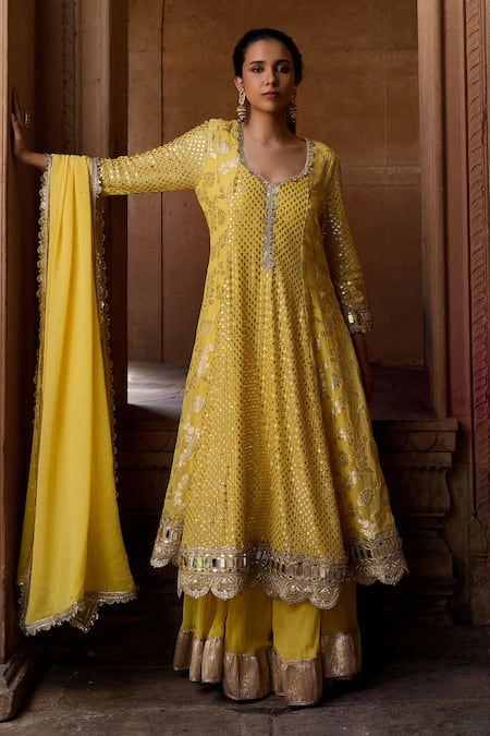 Mustard Moon by Neyha and Vrinda Aaiza Zari Embroidered Anarkali Set 