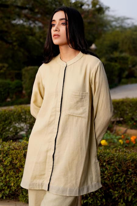 Buy Moh India Beige Wool Mandarin Collar Plain Tunic And Pant Set Buy_Moh India_Beige Wool Mandarin Collar Plain Tunic And Pant Set
