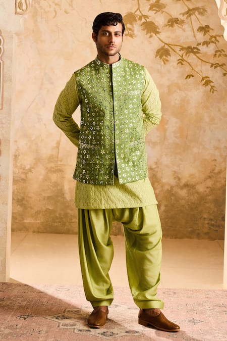 Histori Green Chanderi, , Silk, Satin Mirrors, And Resham Bloom Bundi Set