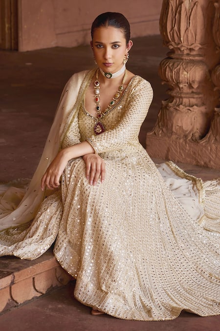 Shop_Mustard Moon By Neyha And Vrinda_Beige Georgette, Chanderi Sequins, Mirrors V-neck Embroidered Anarkali Set _Online_at_Aza_Fashions