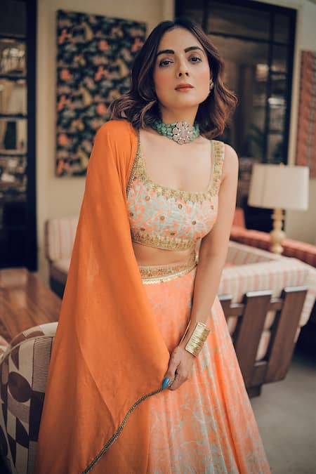Koswi Peach Viscose Zari, Beads, Gota Patti, Abstract Floral Bloom Print Lehenga Set Online at Aza Fashions Koswi_Peach Viscose Zari, Beads, Gota Patti, Abstract Floral Bloom Print Lehenga Set _Online_at_Aza_Fashions