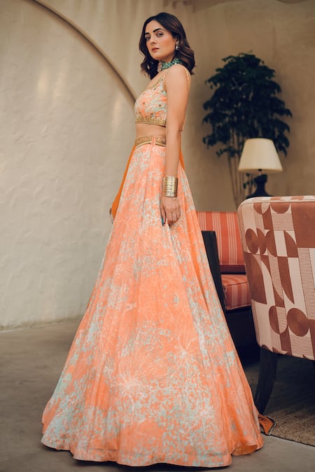 Shop Koswi Peach Viscose Zari, Beads, Gota Patti, Abstract Floral Bloom Print Lehenga Set Online at Aza Fashions Shop_Koswi_Peach Viscose Zari, Beads, Gota Patti, Abstract Floral Bloom Print Lehenga Set _Online_at_Aza_Fashions