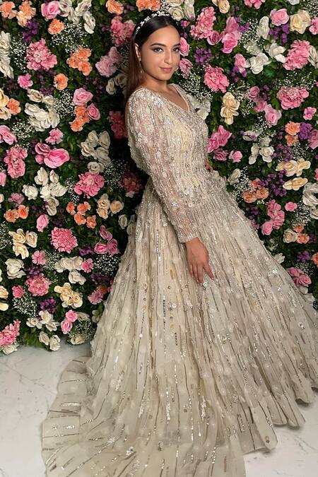 Ronak And Shruti Ivory Net Crystals, Cut Work, Sequins, Stones V-neck Embroidered Ball Gown Online at Aza Fashions Ronak And Shruti_Ivory Net Crystals, Cut Work, Sequins, Stones V-neck Embroidered Ball Gown _Online_at_Aza_Fashions