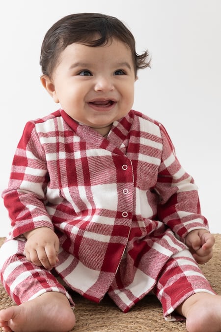 Tiber Taber Red Checkered Kimono Top & Pyjama Set 