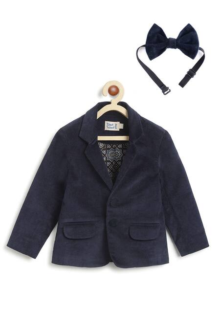 Tiber Taber_Blue Cotton Navy Geometric Print Blazer And Bow Tie _Online_at_Aza_Fashions