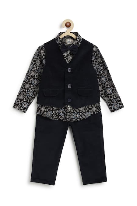Tiber Taber Black Cotton Navy Blue Geometric Print Waistcoat Set Online at Aza Fashions Tiber Taber_Black Cotton Navy Blue Geometric Print Waistcoat Set _Online_at_Aza_Fashions