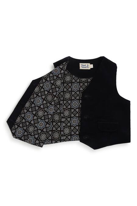 Tiber Taber Black Cotton Navy Blue Geometric Print Waistcoat Set at Aza Fashions Tiber Taber_Black Cotton Navy Blue Geometric Print Waistcoat Set _at_Aza_Fashions