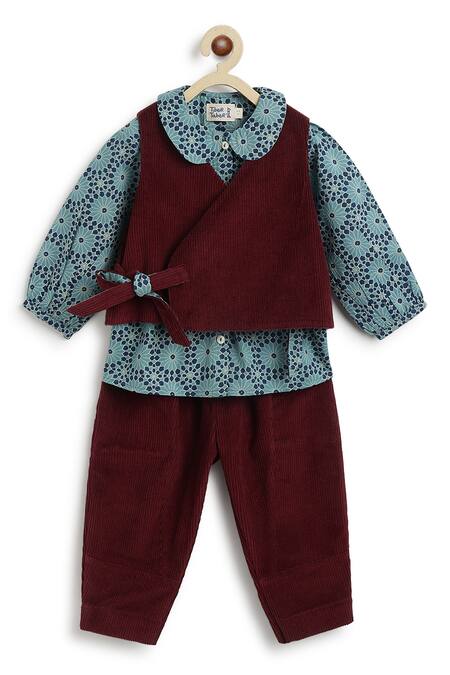 Tiber Taber_Maroon Cotton Geometric Print Reversible Jacket Set_Online_at_Aza_Fashions