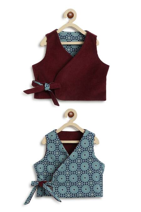Shop_Tiber Taber_Maroon Cotton Geometric Print Reversible Jacket Set_Online_at_Aza_Fashions