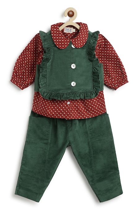 Tiber Taber Green Cotton Ruffles Geometric Print Jacket Pant Set Online at Aza Fashions Tiber Taber_Green Cotton Ruffles Geometric Print Jacket Pant Set_Online_at_Aza_Fashions