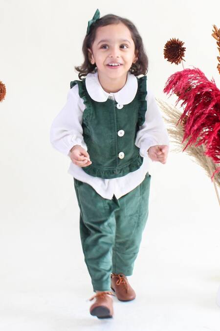 Shop Tiber Taber Green Cotton Frill Pleated Jacket Pant Set at Aza Fashions Shop_Tiber Taber_Green Cotton Frill Pleated Jacket Pant Set _at_Aza_Fashions