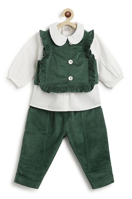 Tiber Taber Green Cotton Frill Pleated Jacket Pant Set Online at Aza Fashions Tiber Taber_Green Cotton Frill Pleated Jacket Pant Set _Online_at_Aza_Fashions